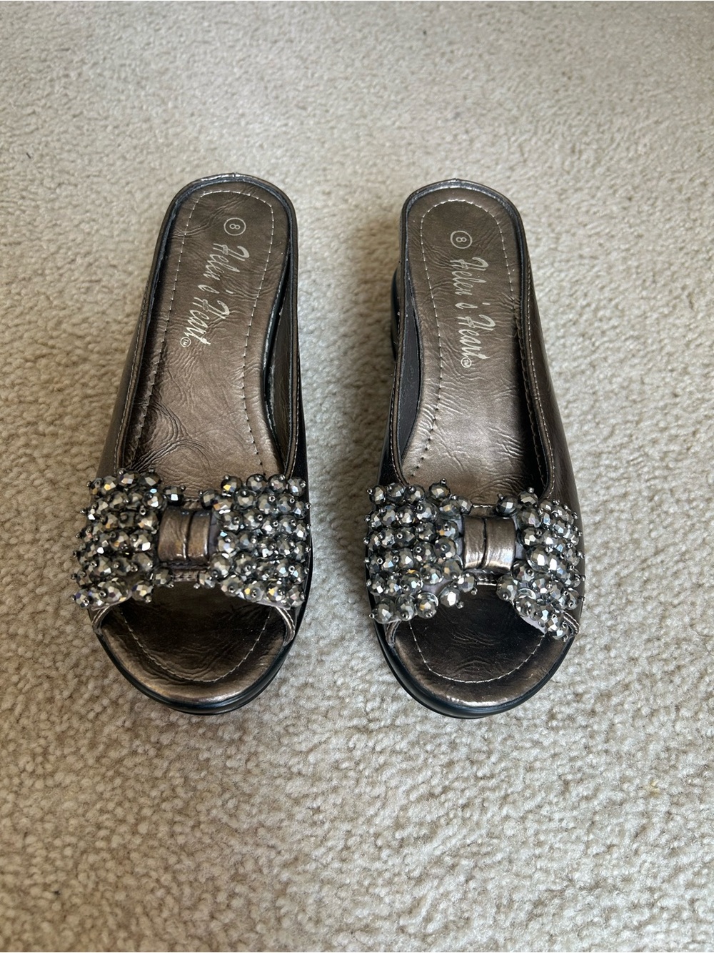Embellished Pewter Bow Slide Sandals by Palm Flats